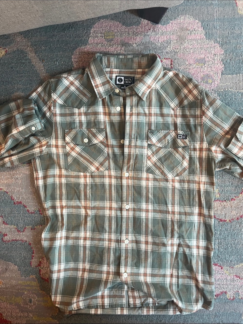 Salty Crew Men’s Olive and Brown Plaid Short-Sleeve Button-Up Shirt
